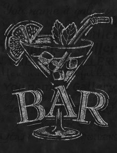 a chalk drawing of a cocktail with the word bar written in white on a blackboard