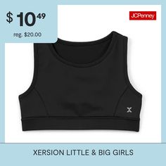 Your little or big girl can stay active in style with this Xersion racerback sports bra. Made from a soft, cooling jersey with quick-dry and moisture-wicking properties to keep her comfortable during sports and playtime activities, it also has a sleek, tag-free design she'll love wearing with her favorite leggings or bike shorts. Bra Type: Racerback, SportsFeatures: Racerback, Moisture Wicking, Tag Free, Quick Dry, CoolingClosure Type: Pullover HeadFiber Content: 87% Polyester, 13% SpandexFabri… Girls Sports Bras, Favorite Leggings, Girls Sports, Racerback Sports Bra, Bra Types, Stay Active, Big Girl, Sport Bra, Sports Bras