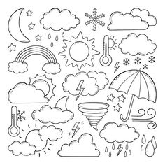 the weather and clouds are outlined in black and white, with stars, umbrellas, rain