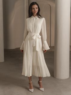 Midi dress with large pleats :: LICHI - Online fashion store Party Dresses Long, Reign Fashion, Outfit Elegantes, Modest Dresses Fashion, Formal Occasion Dress, Evening Party Dresses, Woman Outfit, Elegant Midi Dresses, Party Dress Long Sleeve