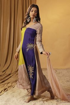 Peach and purple color block kurta with leopard print and gota work embroidery. Paired with coordinating solid dupatta and churidar. - Aza Fashions Blue Block Print, Purple Color Block, Kurta Patterns, Gota Work, Leopard Scarf, Pantsuits For Women, Blue Block, Churidar, Suit Set