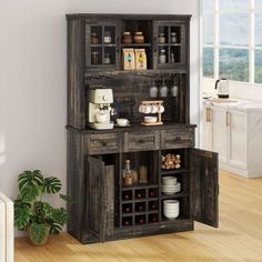 a wooden cabinet with wine bottles on it