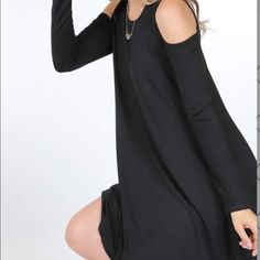 Comfortable Black, Cold Shoulder, Long Sleeve Dress With Pockets Every Day Wear; Can Be Dressed Up Or Down Runs True To Size Casual Cold Shoulder Party Dress, Cold Shoulder Dresses For Night Out In Fall, Fall Cold Shoulder Mini Dress For Night Out, Black Cold Shoulder Dress For Night Out, Black Cold Shoulder Mini Dress For Date Night, Black Cold Shoulder Mini Dress For Spring, Casual Stretch Cold Shoulder Dress, Spring Black Cold Shoulder Dress, Casual Black Dress For Going Out