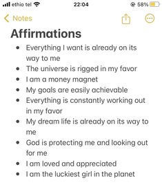 an iphone screen with the words affirmations written in black and yellow on it