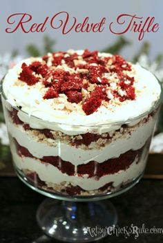 a red velvet trifle cake with white frosting