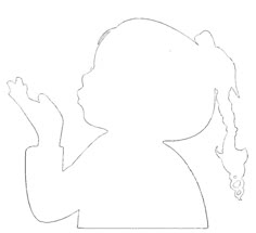 the outline of a woman's head and hands, with one hand up in the air