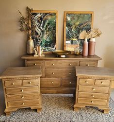 "2 Vintage Ethan Allen Tavern Pine Nightstands & 1 Dresser. Refinished & inspired by the Sausalito Collection from Pottery Barn.  Condition/Features:  Refinished, painted & triple sealed exterior surfaces for easy cleaning and lasting durability.  Conditioned interior wood to restore original woodgrain luster. These rustic and modern inspired nightstands are in great condition and very sturdy. All drawers slide in and out with ease on wooden slides. I have painted them with a durable enamel by Behr, followed by a special brush technique with glaze to give it that \"Sausalito\" wood grain look, but for much less than name brand prices and the vintage quality that we all know is superior to what s being sold now! The neutral tones of this dresser go with virtually any style of home! Paired w Ethan Allen Dresser, Pine Nightstand, Ethan Allen Furniture, Pine Dresser, Dresser Set, Wooden Bedroom, Tall Dresser, Dresser Sets, Spare Bedroom