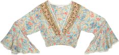 This crop top is a beautiful unique paisley pink print with a soft blue and white background and gold floral print.  It has bell sleeves and snug waist fit with elastic smocking. #tlb #vacationclothing #beachwrap #Floral #Paisley #bohemianfashion #70sfashion #70shippietop Blue And White Background, White Wizard, V Neck Crop Top, Bell Sleeve Crop Top, 70’s Fashion, Hippie Look, Hippie Tops, Crochet Tunic, Trendy Skirts