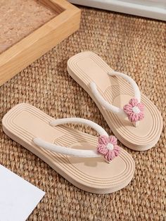 Women Flat Sandals Thong Flip Flops Cute Pink Open Toe Beach Shoes, Simple Style For Holiday & Beach Pink Vacation,Fashionable        Women Shoes, size features are:Bust: ,Length: ,Sleeve Length: Women Flower, Flower Decor, Flip Flops, Length Sleeve, Women Shoes, Collar, Fabric