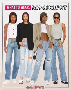 Find the perfect rap concert outfits for every season and vibe. From street-style chic to cute baddie looks, our ideas cater to black women's fashion. Whether it's a summer night or fall festivities, find your ideal concert outfit with this curated guide. Elevate your style for the ultimate hip-hop experience. Jeans outfit to wear to a rap concert Rap Concert Outfits, Hip Hop Attire, Rap Concert Outfit, Rap Concert, Concert Dresses, Look Summer