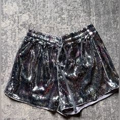 Pink, Green And Silver Sequins On These Silk Lined Shorts. Nwt Casual Party Bottoms With Elastic Waistband, Summer Bottoms With Elastic Waistband For Night Out, Trendy Sequined Shorts For Summer, Trendy Short Sequined Bottoms, Casual Party Bottoms With Short Inseam, Casual Bottoms With Short Inseam For Party, Summer High-waisted Sequin Shorts, Sequined High-waisted Shorts For Summer, Sequin High-waisted Shorts For Summer