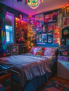 a bedroom decorated with posters and lights