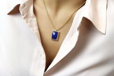 "A lovely blue pendant necklace that packs a punch of elegance and sophistication. This fashion necklace flaunts a Lapis Lazuli stone. Adorable statement jewelry and treat for yourself or for a special woman in your life. ♥ Gemstone Type - Lapis Lazuli ♥ Gemstone Size - 13x18mm ♥ Gemstone Cut - Rectangle - More options available in the drop down menu ♥ Metal Type (Main Photo) - 14k Gold Filled - More options available in the drop down menu ♥ Length (Model Photo) - 45cm/18\" - Available from 14\" Elegant Blue Crystal Necklaces With Adjustable Chain, Elegant Blue Crystal Necklace With Adjustable Chain, Elegant Blue Crystal Necklace With Clavicle Chain, Blue Square Pendant Necklace For Formal Occasions, Elegant Blue Crystal Necklace For Gift, Blue Lapis Lazuli Necklaces With Stones, Blue Gemstone Jewelry With Rectangular Pendant, Blue Lapis Lazuli Necklace With Stones, Blue Crystal Pendant Necklace With Clavicle Chain