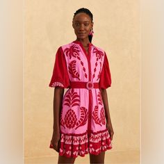 Farm Rio Dresses | Farm Rio Red Jungle Scarf Cutwork Mini Dress | Color: Pink/Red | Size: S