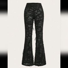 Low Waist Tight Flare Pants Large 8/10 Length 39.2 Inch Waist 42.5 Inch Hips 37.8 Inch Thigh 22.9 Inch Flare Leg, Contrast Lace, Elastic And Low Waist, Long Length, Stretchy, And Comfy. High Waist Ripped Black Pants, Black Wide Leg Ripped Bottoms, Ripped Wide Leg Black Bottoms, Black Ripped Wide Leg Bottoms, Black Ripped Wide Leg Pants, Ripped Fitted Pants For Fall, Fitted Ripped Pants For Fall, Chic Stretch Ripped Pants, Fitted Black Ripped Bottoms