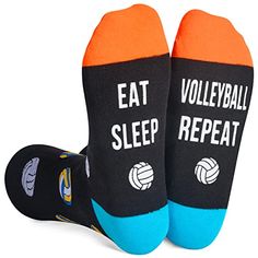 VOLLEYBALL SOCKSThese black volleyball socks feature volleyballs in various colors and "EAT SLEEP VOLLEYBALL REPEAT" on the sole, adding a fun touch to your day.SIZE & PACKAGEOur unisex design fits most men's US size 6-13 feet and most women's US size 7 and up. Each pair of funny socks comes in a plastic zippered bag.QUALITY MATERIALOur novelty socks are made of 80% combed cotton, 17% polyamide, and 3% spandex to ensure they are soft, comfortable, stretchy, and breathable. They won't fade... Comfortable Sports Socks With Letter Print, Non-slip Sporty Socks For Sports Events, Black Non-slip Socks For Sports Events, Black Non-slip Socks For Sports, Non-slip Black Socks For Gym, Non-slip Black Gym Socks, Breathable Comfortable Socks For Sports Events, Black Sports Socks, Black Sports Socks With Letter Print