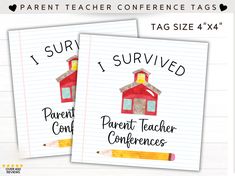 two children's notebooks with the words i survived and parent teacher conference written on them