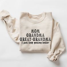 Mom Grandma Great Grandma Sweatshirt, Grandma Shirt, Pregnancy Announcement Sweater, Great Grandma Gift, Mother's Day Gift, Grandma Sweater BLACK TEXT is used for Yellow, Heather Peach, White, Light Gray, Mint Shirts. Other colored shirts have white text. F I T ∙ & ∙ S I Z I N G : -->These Unisex T-shirts have a modern-fit, consult size chart in pics for accurate fit -->Women's sizes are narrower than the waist -->Sleeves are rolled up in some product pictures, they do not come rolled up on deli Mom Grandma Great Grandma, New Grandparent Gifts, Mint Shirt, Funny Pregnancy Shirts, Baby Announcement Shirts, Grandma Sweatshirt, Great Grandma Gifts, New Grandparents, Grandma Sweater