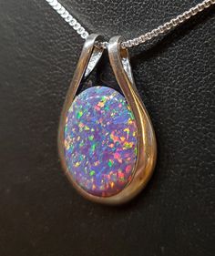 "Gorgeous Lavender Purple Opal Necklace, 13x17mm Favorite Opal With Rainbow Fire, See Video!  Sleek 925 Sterling Silver Pendant, Bezel Style, Rhodium Plated, 18\" Sterling Chain, Chain Length Options Available By Messging Selker At Time Of Purchase. Gift Box Included." Sterling Silver Necklace With Bail As A Gift, Silver Oval Necklace With Bail, Opal Necklace Silver, Purple Opal, Rainbow Fire, Lavender Purple, Opal Necklace, Chain Lengths, Chain Length