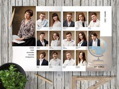 a brochure with photos of people in suits and ties on it, next to a potted plant