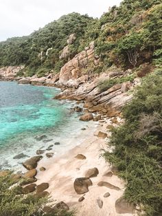 the beach is surrounded by trees and rocks