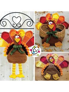 crocheted thanksgiving turkeys are shown in three different pictures