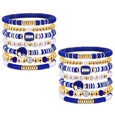 PRICES MAY VARY. ★ Game Day Bracelets: Cheer on your favorite football team and show off your team's colors in style with our Game Day outfits for Women. These set of Two game day bracelet stack consist of 7 strands of football team colored heishi bracelet, crystal bracelet and gold bracelet, adorned football charms and letter ‘GAME DAY’. The perfect football accessories for game day, team events, tailgate parties, football matches, or as a stylish way to flaunt your team spirit and show off you Team Spirit Bracelets, Game Day Outfits For Women, Cheer Bracelets, Bracelets Outfit, Football Jewelry, Bracelets Stack, Tailgate Parties, Stack Game, High School Football Games