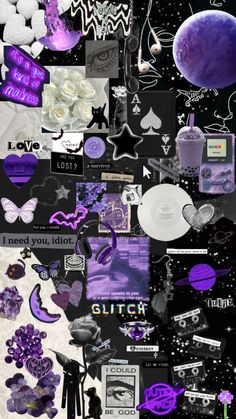 a collage of purple and black images