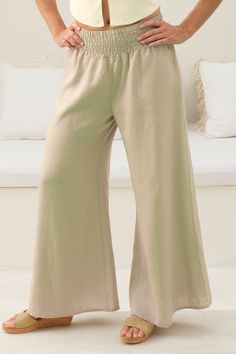 Linen Flood Pant - Natural Summer Bottoms With Elastic Waistband For Relaxation, Chic Relaxed Fit Flax Bottoms, Casual Summer Bottoms For Relaxation, Beach Season Linen Bottoms With Pockets, Linen Bottoms With Pockets For Beach Season, Comfortable Linen Wide Leg Pants For Spring, Comfortable Linen Pants For Vacation, Solid Color Ankle-length Wide Leg Beach Pants, Solid Ankle-length Wide Leg Pants For Beach