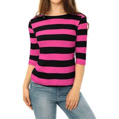 Stripes are a timeless addition to any wardrobe, and they always seem to be in style. Whether you're dressing up for work or going out for a night on the town, this bold striped T-shirt is a versatile piece that you can wear for any occasion. Made from soft, comfortable material, this straightforward tee is effortless to wear. Simply pair it with any bottoms to create casual outfits that look great and feel even better. With this stylish and comfortable T-shirt in your closet, you'll always have Prom Costume, Boat Neck Tops, Elbow Sleeve, Chic Woman, Striped Tee, Black Media, Women's Casual, Workout Tee, Boat Neck