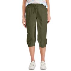 Slip Into These Comfy Petite Capri Pants From Style & Co, Featuring Pull-On Styling. Approx. Inseam: 20" Mid Rise; Approx. 10-1/2"; Relaxed Fit Through Hips And Thighs; Straight Leg; Cropped At Mid-Calf Designed To Fit And Flatter 5'4" And Under Frame Pull-On Styling; Drawstring Waist Carpenter Strap At Side Front Utility Pockets; Back Pockets All Cotton Machine Washable Imported Web Id: 13930053 Green Summer Capris With Elastic Waistband, Green Casual Capri Pants, Casual Green Capri Pants, Spring Green Capri Bottoms, Green Capri-length Bottoms For Spring, Green Capri Pants With Elastic Waistband, Green Capris With Elastic Waistband, Green Capri Length Pants With Elastic Waistband, Green Capri Length Bottoms For Summer