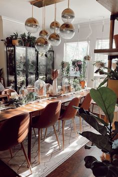 the dining room table is surrounded by plants and hanging lights