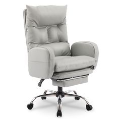 a grey office chair with wheels on an isolated white background