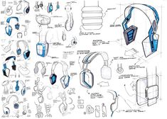 an image of headphones and other electronic devices in blueprinted paper, with instructions for