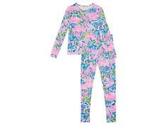 Lilly Pulitzer Kids Sammy Pajama Set (Toddler/Little Kids/Big Kids) - Girl's Pajama Sets : Gecko Green Tiger Sunrise : Your little one will love these cozy, long-sleeve pjs. The Lilly Pulitzer Kids Sammy Pajama Set is crafted in a soft printed cotton jersey on a fitted silhouette to make her slumber parties a little more fun and colorful. The two-piece set includes a long-sleeve shirt with coordinating leggings, both featuring picot trim for added style. The pullover top features a crew neckline Multicolor Long Sleeve Sleepwear For Loungewear, Multicolor Long Sleeve Loungewear Sleepwear, Playful Long Sleeve Lounging Set, Playful Multicolor Long Sleeve Sleepwear, Playful Long Sleeve Loungewear Set, Printed Long Sleeve Sleepwear For Sleepover, Spring Long Sleeve Sleepover Set, Printed Long Sleeve Bedtime Sets, Multicolor Long Sleeve Lounging Set