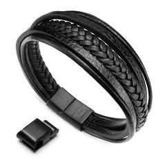 PRICES MAY VARY. Leather Bracelet - Multi-layer Genuine Leather Mixed the Braided Rope. The clasp is easy to Put On Without Falling Off. SMART DESIGN:With an extra buckle, the bracelet can extend for another half a inch, makes it more fitting. Excellent Quality Material: Genuine Leather,High Quality Stainless Steel, Strong and Durable. Free of Lead and Nickel, Hypoallergenic and Healthy. Size: The selected bracelet has a total length of 9.2"(23+1cm). Fit for the wrist length of of 8"-8.9". We su Leather Mens Bracelet, Mens Bracelet Black, Urban Jewelry, Genuine Leather Bracelet, Men Bracelet, Bracelet Leather, Braided Leather Bracelet, Bracelet Cuir, Mens Leather Bracelet