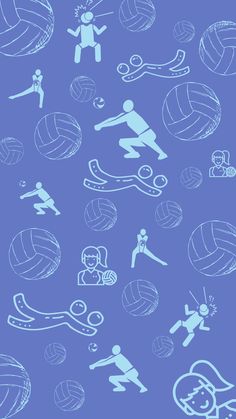 a blue background with white silhouettes of people playing volleyball and other sports related items