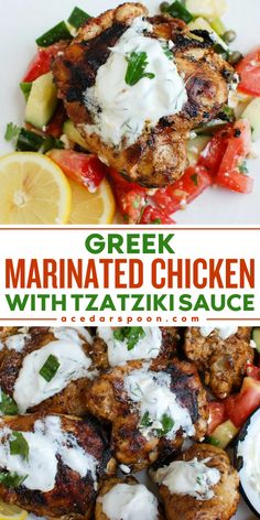 greek marinated chicken with tzatzka sauce is served on a white plate