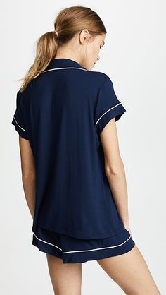 Eberjey Gisele Shortie PJ Set | SHOPBOP Rayon Short Sleeve Tops For Loungewear, Classic Short Sleeve Rayon Tops, Navy Short Sleeve Tops For Loungewear, Eberjey Pajamas, Comfy Pjs, Comfortable Pajamas, Cozy Pajamas, Contrast Piping, Gym Shorts