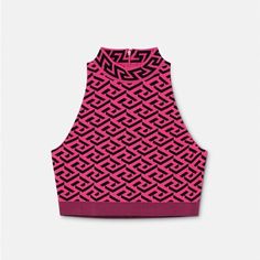 This Beautiful Brand New, Versace Crop Top Is: Size 44 (Us 8) Mockneck Sleeveless Back Zipper Pullover Dry Clean Made In Italy Pink Fitted Luxury Tops, Luxury Fitted Pink Tops, Versace Crop Top, Versace Tops, Silk Bralette, Pink Crop Top, Bralette Tops, Cropped Cardigan, Black Logo