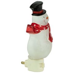 Snowman wearing red and white polka dot scarf Christmas night light. Plugs into any standard 120-volt outlet; On/off switch in base. UL certified and approved for indoor use only Christmas Night Light, Black Top Hat, Polka Dot Scarf, Christmas Central, Red Scarf, Christmas Night, Red Scarves, Wearing Red, Top Hat