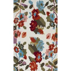 an area rug with flowers and leaves on white background, including red, blue, green, pink, orange, and yellow colors