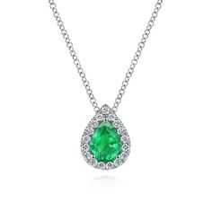 18 inch 14K White Gold Pear Shaped Emerald and Diamond Halo Pendant Necklace Halo Pendant, Diamond Halo, Halo Diamond, Pear Shaped, Shop Necklaces, Gold Color, Halo, Pear, Emerald