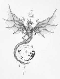 a black and white drawing of a dragon flying over the moon with its wings spread out