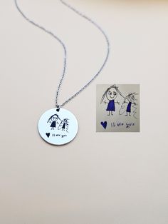 Kids Drawing Necklace, Children Handwriting Necklace for Mom, Custom Child Artwork Jewelry, Personalized Gift for Grandma, Keepsake Jewelry. Turn your children's drawing or writing into a necklace. This necklace is not just an accessory, it's a precious keepsake that celebrates the boundless creativity of your little one. Your child's cherished drawing forever preserved in a stainless steel charm. Each line, every curve, and all the details are meticulously engraved with laser precision, ensurin Artistic Personalized Necklace, Artistic Personalized Round Necklace, Hand Stamped White Necklace For Personalized Gift, Personalized Hand Stamped White Necklace, Stamped Necklaces For Valentine's Day Gift, Artistic Personalized Round Pendant Necklace, Stamped Pendant Necklaces As Gift, Artistic Necklaces For Mother's Day Gift, Customized Jewelry For Mother's Day