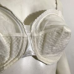 1950s white sheer circle cup bullet bra with overbust and underbust wire by Charmode. Lace trim, double straps in back with hooks- 28-33" around, 8" across inside of cup. Missing shoulder straps. 1950s Pinup, 50s Pinup, Bullet Bra, Shoulder Straps, Lace Trim, Pin Up, Trim, Bra, Lace