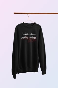 "Chase Atlantic Sweatshirt (Cassie Lyrics Goth Sweatshirt, Goth Clothes, Alt Clothing, Plus Size Goth Sweater, Edgy, Chase Atlantic Merch) 💜 Hello there! Add some personality and style to your wardrobe with this \"Cassie's been waiting too long\" unisex goth sweatshirt, or give it as the perfect gift! A sturdy and warm sweatshirt bound to keep you warm in the colder months. A pre-shrunk, classic fit sweater that's made with air-jet spun yarn for a soft feel and reduced pilling. 📝 PRODUCT INFORMATIONS: * 50% cotton, 50% polyester * Pre-shrunk * Classic fit with no center crease * 1x1 athletic rib knit collar with spandex * Air-jet spun yarn with a soft feel and reduced pilling * Double-needle stitched collar, shoulders, armholes, cuffs, and hem" Chase Atlantic Merch, Goth Sweatshirt, Egirl Clothing, Clothes Alt, Lil Peep Hoodie, Goth Sweater, Goth Hoodie, I Feel Empty, Plus Size Goth