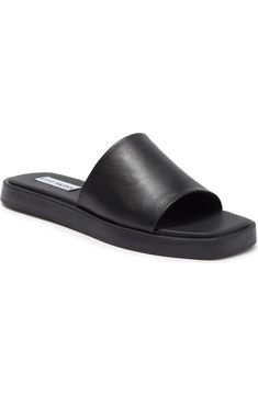 Steve Madden Holmes Slide Sandal (Women) | Nordstromrack Classic Slide Sandals With Synthetic Material, Classic Synthetic Slide Sandals, Classic Slide Sandals, Classic Slip-on Synthetic Slides, Classic Synthetic Slip-on Slides, Sleek Leather Mules With Square Toe, Black Square Toe Slides For Spring, Classic Leather Slides For Spring, Formal Slides With Leather Footbed