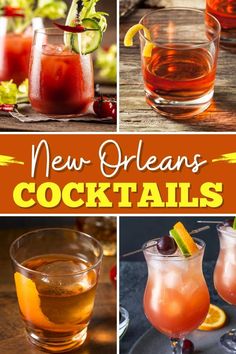 new orleans cocktails with orange, red and yellow garnish