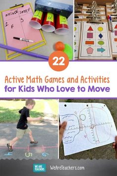 several activities for kids who love to move with the text, 22 active math games and activities for kids who love to move